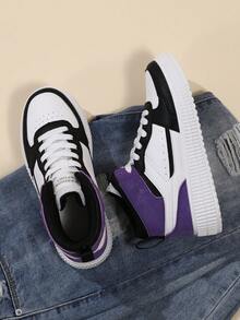 女士時尚高筒運動鞋,簡約色塊街頭風格綁帶運動鞋,舒適輕量紫黑色滑板鞋 - 黑紫色 - 查看 6