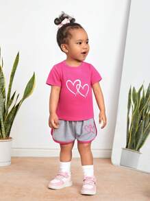 SHEIN 嬰兒女童休閒心形圖案短袖上衣和彩色拼接短褲套裝 - 粉色 - 查看 1