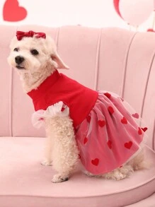 PETSIN 情人節紅色網紗心形寵物連衣裙
