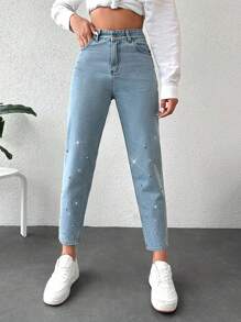 EURMUSE Rhinestone Detail Mom Fit Jeans - Medium Wash - View 4