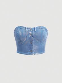 SHEIN MOD 性感大碼女士短身丹寧胸衣上衣 - 淺色水洗藍 - 查看 1
