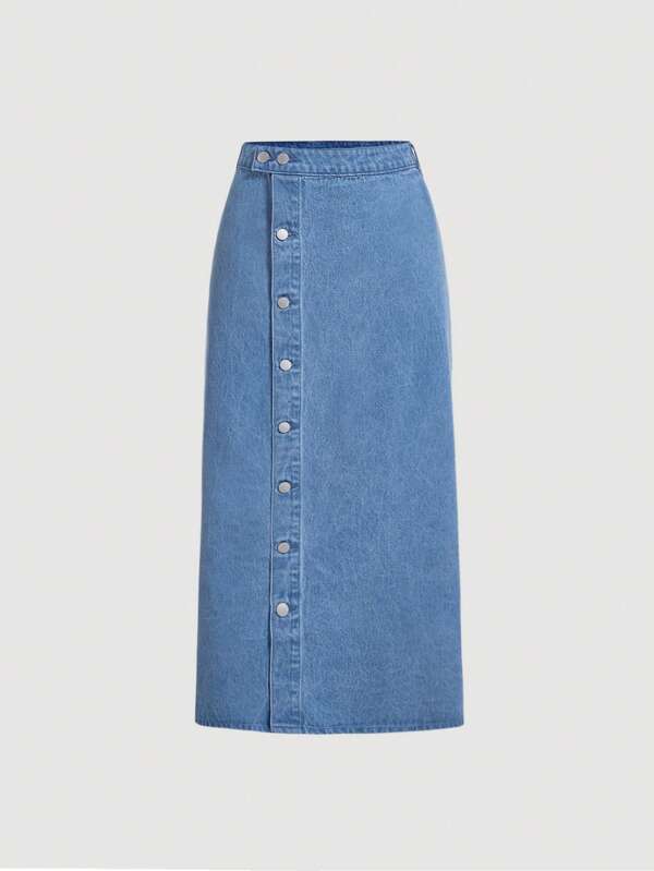 SHEIN MOD High Waisted Casual Loose Fit Side Button Design Women's Denim Skirt