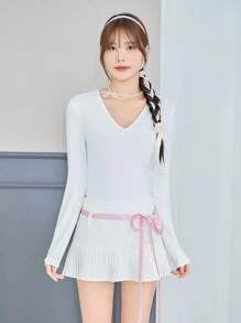 SHEINNeu Balletcore Süßer Schleifen Bow V-ausschnitt Body Und Faltenrock Frühlingszweiteiler Frühlingsmode Für Frauen - Weiss - Übersicht 6
