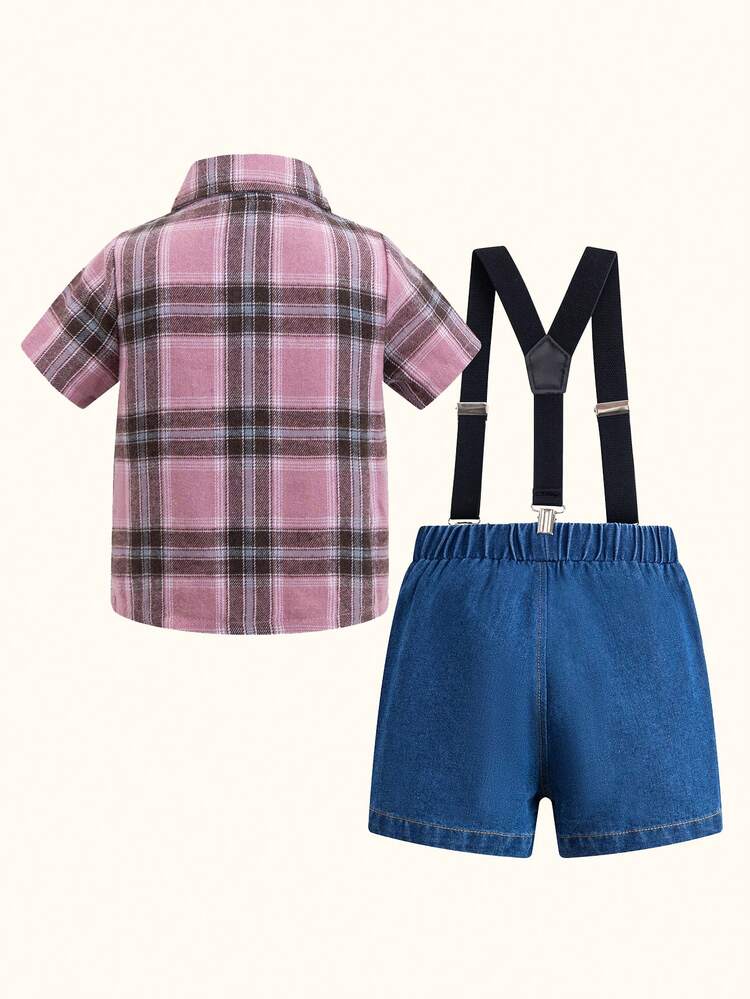 2pcs/Set Spring/Summer Baby Boys' Short Sleeve Plaid Shirt And Distressed Denim Overalls Shorts Fashion Outfits