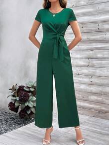 SHEIN Clasi Ladies' Solid Color Belted Jumpsuit - Dark Green - View 4