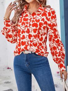 SHEIN Clasi Heart Print Long Sleeve Shirt - Red - View 6