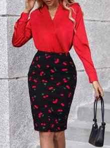 SHEIN Clasi Spring Festival Women's Cherry Printed Patchwork Wrap Neck Two Piece Set - Multicolor - View 7