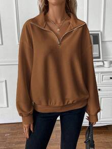 SHEIN LUNE Zipper Half Placket Long Sleeve Sweatshirt - Brown - View 5