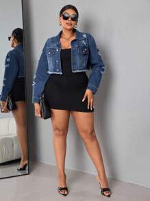 SHEIN SXY Kích thước lớn Của phụ nữ Ngắn Áo khoác denim Với Frayed Hem - Rửa tối - Xem 3
