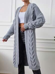 EURMUSE Women's Cable Knit Long Cardigan - Light Grey - View 5