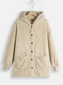 SHEIN EZwear Plus Size Solid Color Hooded Fleece Jacket - Apricot - View 1