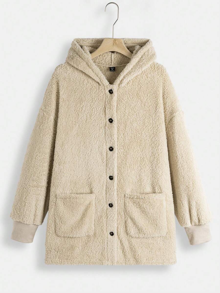 SHEIN EZwear Plus Size Solid Color Hooded Fleece Jacket - Apricot - View 1