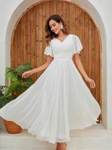 Vestido De Novia Francés Simple Con Cuello En V Y Manga Corta - Blanco - Ver 1