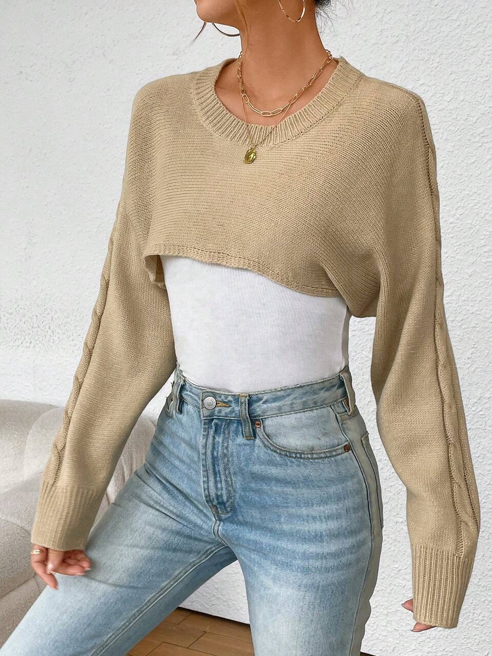 Women's Cropped Batwing Long Sleeve Knit Pullover Fall Winter Sweater