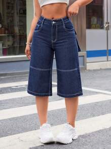 SHEIN ICON Pantalones Cortos Capri de Mezclilla con Bolsillos Cargo - Azul lavado oscuro - Ver 1