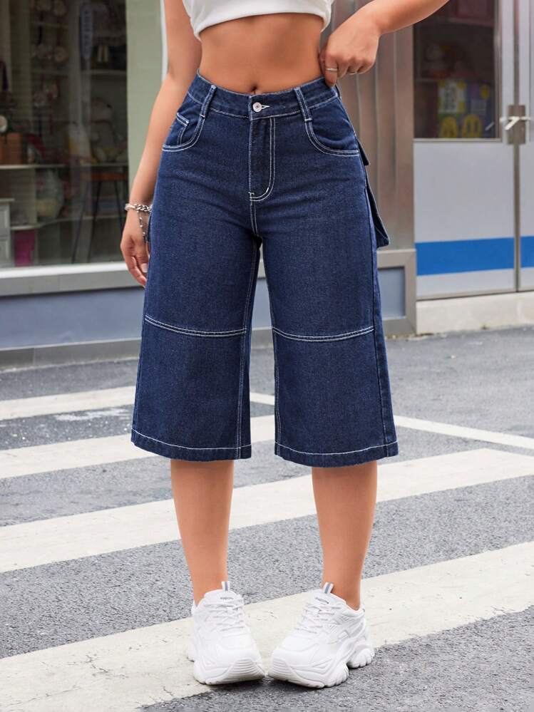 SHEIN ICON 貨物口袋牛仔七分褲 - 深色水洗藍 - 查看 1