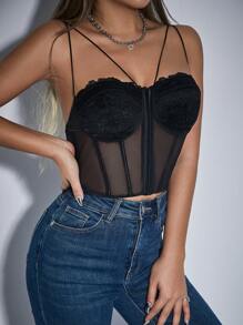 Allurite Women's Lace Bralette With Padded Cups, Double Straps Cami Top With Back Closure - Black - View 5