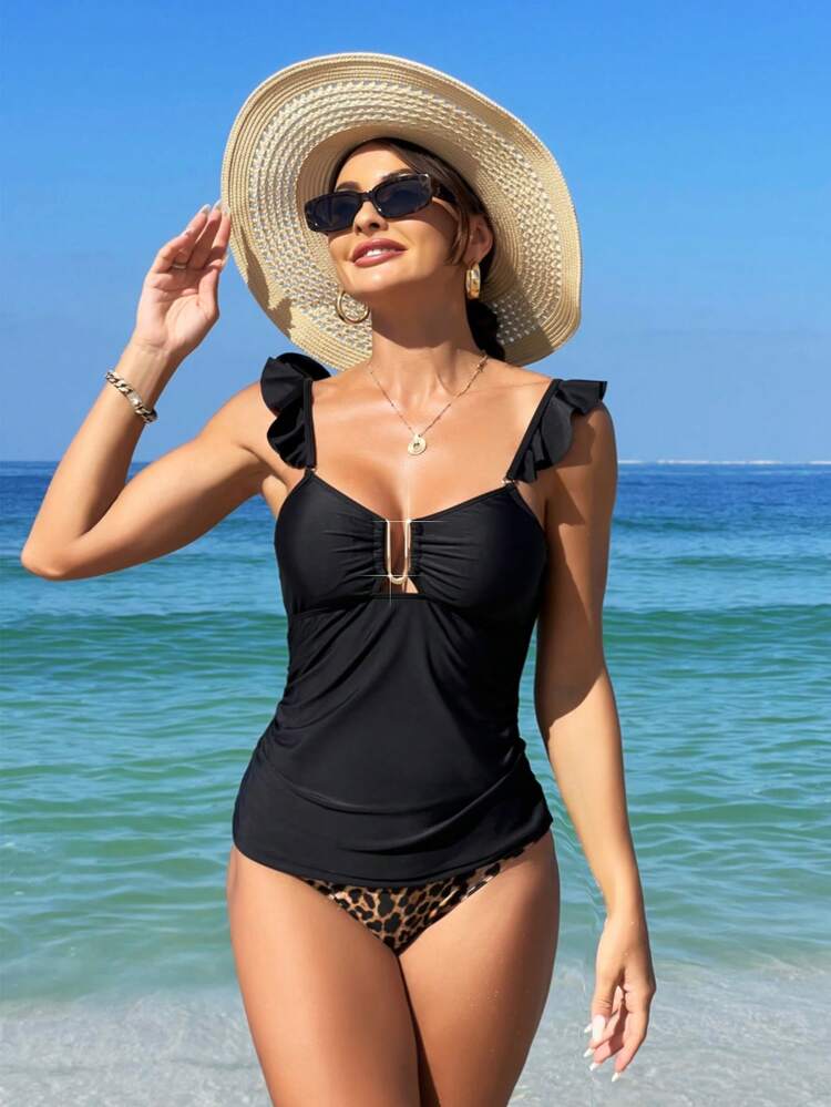 Women's Leopard Print Tankini Set With Frill Trim Carnival Summer