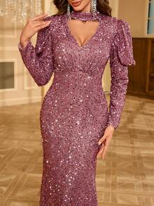 Women's Glamorous Gigot Sleeve Hollow-Out Sequin Mermaid Dress - Dusty Pink - View 7