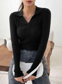 DAZY 女士修身長袖毛衣,立領設計 - 黑色 - 查看 4