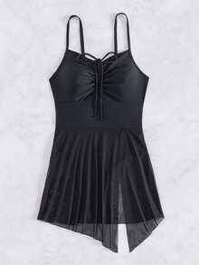 SHEIN Swim Women'S One-Piece Swimsuit With Mesh Knot Detailing On The Chest Music Festival - Black - View 7