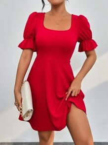 SHEIN PETITE Của phụ nữ Màu thuần Ống tay áo Đầm - Đỏ - Xem 1