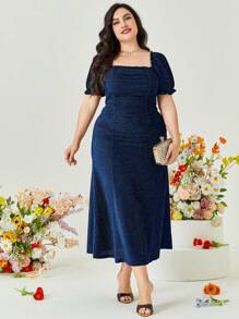 Modelyn Kích thước lớn Hình vuông Đường viền cổ áo Xếp li Váy sequin - Xanh đậm - Xem 6