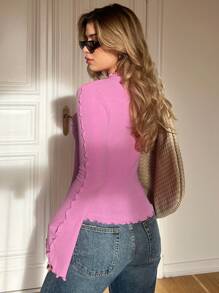 Siren Gaze Lettuce Hem Long Sleeve T-Shirt Winter Thanks Giving Pink Casual Spring - Pink - View 2