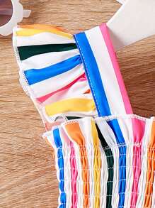 SHEIN 嬰兒女孩條紋西瓜刺繡荷葉邊短袖裙 - 彩色 - 查看 4