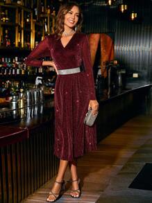 SHEIN Clasi 女士交叉領長袖裙,無腰帶款式 - 酒紅色 - 查看 5