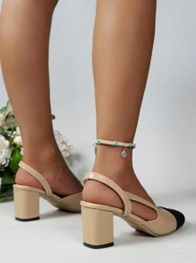 女士中空設計多彩裝飾圓頭粗跟高跟鞋，春夏優雅風格，杏色高跟鞋 - 杏色 - 查看 2