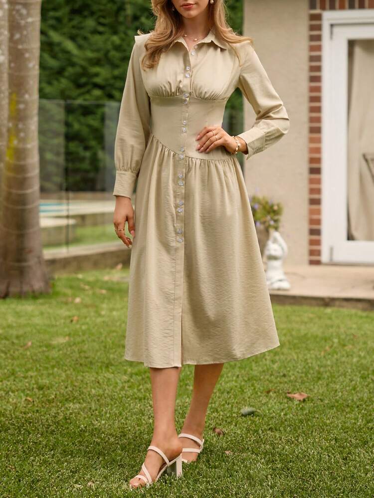Button Closure Cinching Waist Long Sleeve Dress