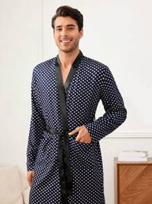 Men'S Double Pocket Polka Dot Printed Bathrobe For Home