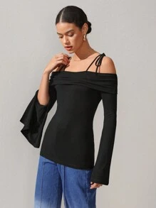 Oxana Designer Women's Cold Shoulder Black Top With Slit Flare Sleeves And Off Shoulder, For Holiday, Vacation, Spring, Spring, Going Out, Festival, Ibiza Fits - Black - View 5