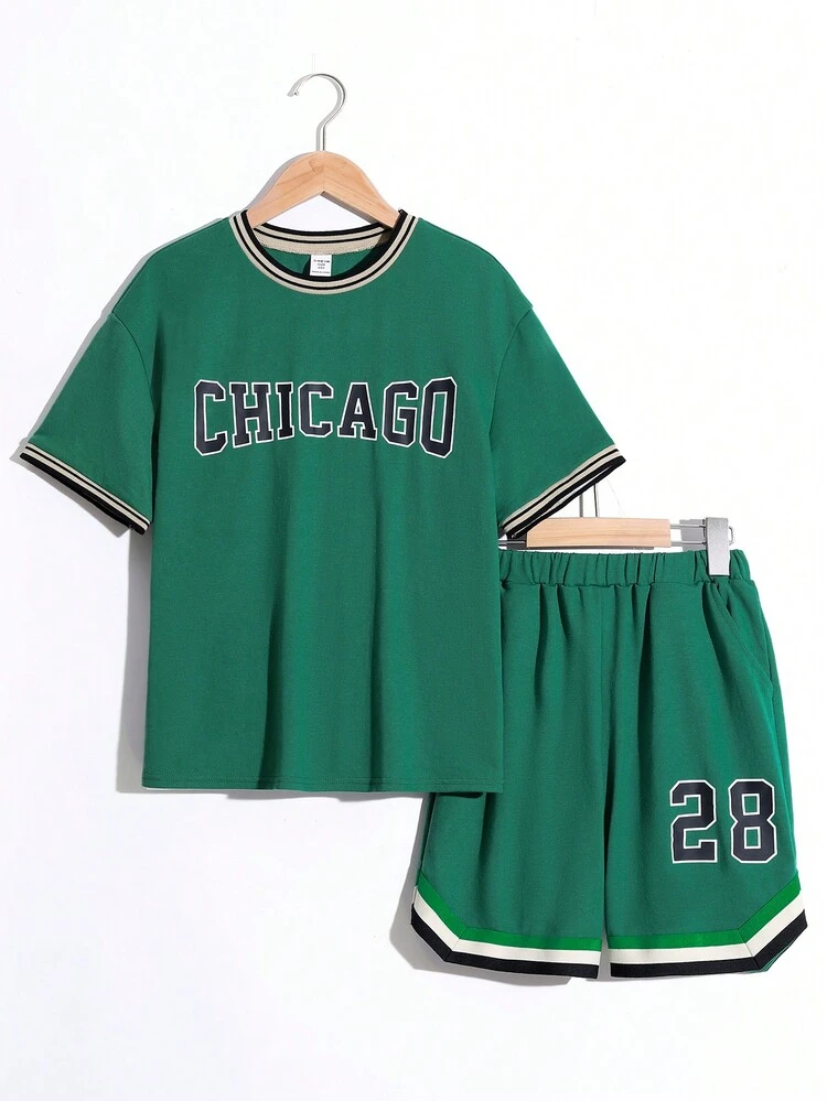 Tween Boys' Casual Holiday Style Letter Printed Round Neck Pullover With Woven Band Shorts Knitted 2pcs/Set