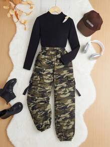 Tween Girl Casual Hollow Out T-Shirt And Camouflage Cargo Pants Set