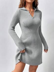 Flirla Vestido Suéter De Moda Con Cintura Ajustada - Gris - Ver 5