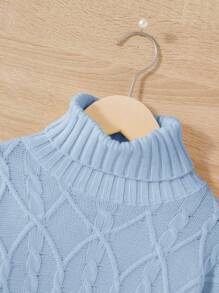 SHEIN Tween 女孩休閒寬鬆高領長袖絞花針織毛衣 - 淺藍色 - 查看 3