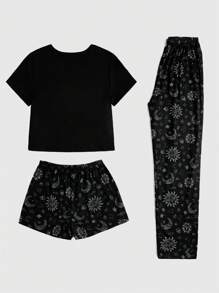 ROMWE Goth 3pcs/Set Women's Sun, Moon, Stars Digital Print Short Sleeve T-Shirt, Shorts And Pants, School