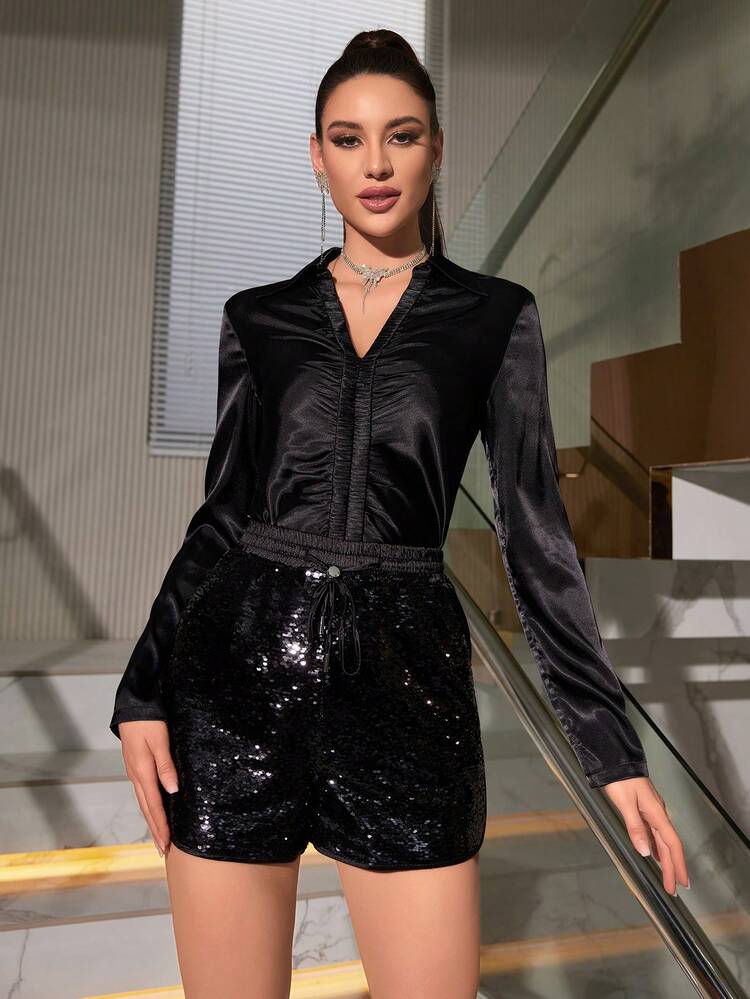 Notched Neckline Long Sleeve Blouse Fall Cloth For Women