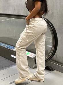 GILIPUR New Apricot Women's Cargo Wide Leg Pants, Multi-Pocket Design, Retro Elegant, Suitable For Casual Daily Wear, Spring, Autumn, Winter, Also Suitable For New Year, Valentine's Day And Other Holidays. Can Also Be Given As A Gift. Suitable For Outings, Dates And Office Wear. - Apricot - View 5