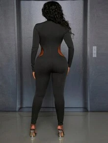 Slaydiva Bộ áo liền quần Bodycon có khóa kéo nửa túi rỗng có eo cao - màu đen - Xem 3