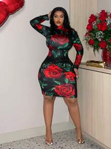 Slaydiva Plus Size Rose Pattern High Neck Bodycon Dress