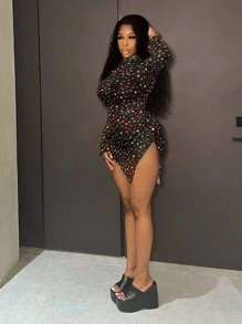 Slaydiva Pleated Heart Shaped High Neck Dress - Multicolor - View 3