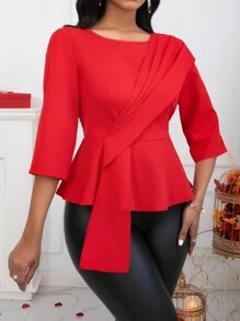 SHEIN Lady Women's Round Neck Pleated Blouse - Red - View 6