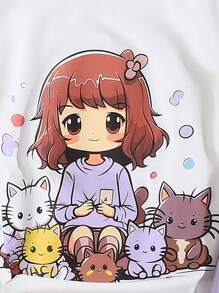 SHEIN 少女卡通貓印花短袖T恤和運動褲套裝 - 彩色 - 查看 4