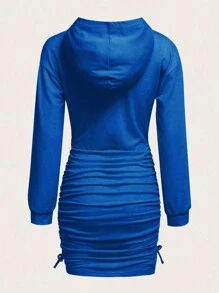 SHEIN Teen Girls' Y2k Streetwear Academy Letter Printed Hooded Sweatshirt Dress With Ruffle Hem - Royal Blue - View 2