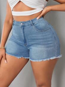 SHEIN SXY Kích thước lớn Quần short Denim Với Sự tréo nhau Dây đai , Frayed - Rửa nhẹ - Xem 3