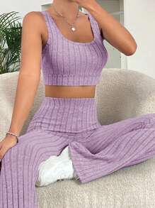 SHEIN EZwear Của phụ nữ Dệt kim Sọc Hai Dây Và Quần Áo liền quần - Màu Lilac Tím - Xem 3