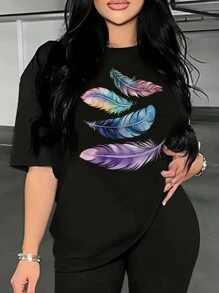 INAWLY Áo thun hở vai họa tiết lông vũ cỡ lớn cho nữ - màu đen - Xem 1